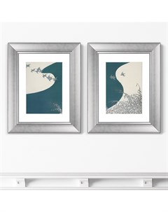 Набор из 2 х репродукций картин в раме birds from momoyogusa flowers 1909г серый 41x51 см Картины в квартиру