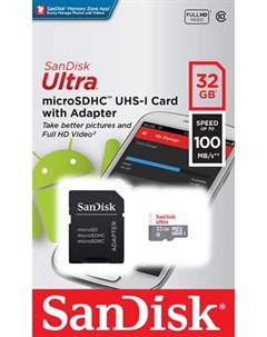 Карта памяти microSD 32GB microSDHC Class 10 Ultra SD адаптер UHS I 100MB s SDSQUNR 032G GN3MA Sandisk