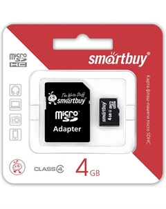 Карта памяти microSDHC 4GB Сlass 4 с адаптером SD SB4GBSDCL4 01 Smart buy