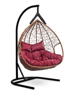 Подвесное двухместное кресло кокон fisht горячий шоколад с бордовой подушкой коричневый 120x195x110  Лаура