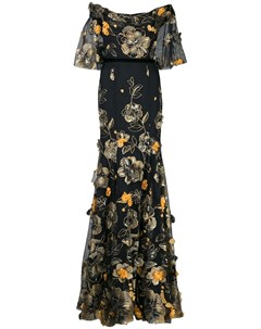 Платье с открытыми плечами и цветочной аппликацией Marchesa notte
