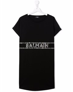 Платье футболка с логотипом и стразами Balmain kids