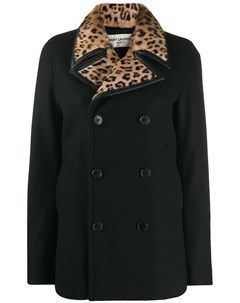 Двубортное пальто с леопардовыми лацканами Saint laurent