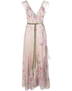Длинное платье с оборками и цветочным принтом Marchesa notte
