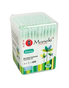 Палочки ватные Lovely с зеленым бумажным стиком в пластиковой коробке 1 Maneki