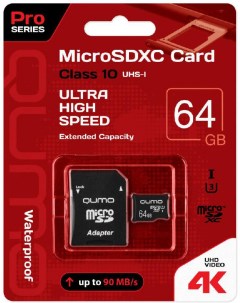 Карта памяти microSDXC 64GB Pro series microSDXC Class 10 UHS I U3 SD адаптер QM64GMICSDXC10U3 Qumo