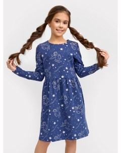 Нарядное платье в расцветке звезды и единороги на синем для девочек Mark formelle