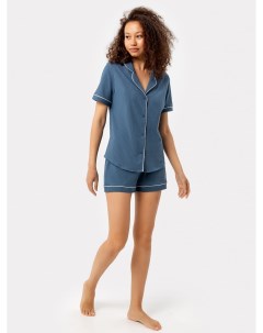 Комплект женский рубашка шорты сине серого цвета в рубчик Mark formelle
