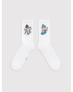 Высокие мужские носки белого цвета с изображением котов на скейтбордах Mark formelle