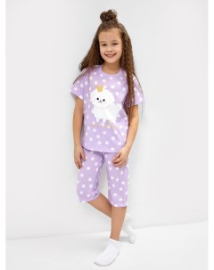 Комплект для девочек футболка бриджи в лавандово фиолетовом цвете в горох Mark formelle
