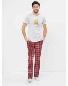 Хлопковый комплект серая футболка с принтом и брюки в красную клетку Mark formelle