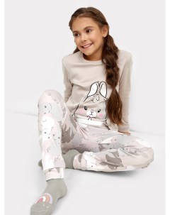Хлопковый комплект для девочек лонгслив и брюки серого цвета с кроликами Mark formelle