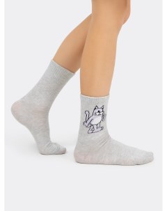 Высокие детские носки в расцветке светло серый меланж с котом Mark formelle