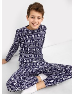 Хлопковый комплект для мальчиков лонглсив и брюки в расцветке узоры на синем Mark formelle