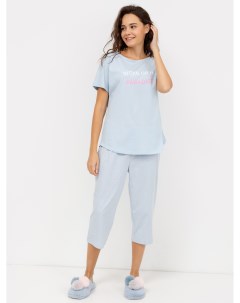 Хлопковый пижамный комплект джемпер и капри голубого цвета Mark formelle