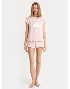Пижамный женский комплект из хлопка футболка шорты светло розовый с принтом Mark formelle