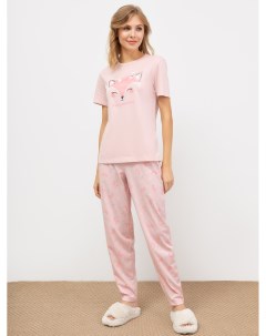 Хлопковый комплект футболка и брюки розового цвета с лисичками Mark formelle
