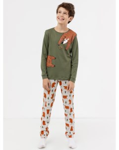 Комплект для мальчиков зеленый лонгслив и серые брюки с изображением медведей Mark formelle