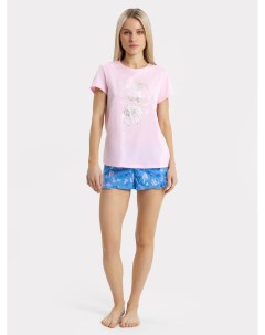 Пижамный женский комплект из хлопка футболка шорты розовый синий с принтом Mark formelle