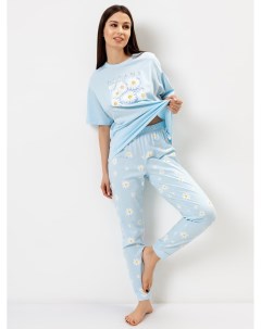 Комплект женский футболка брюки в нежно голубом цвете с ромашками Mark formelle