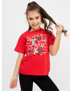 Хлопковая футболка красного цвета с новогодним принтом для девочек Mark formelle