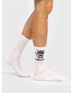 Высокие мужские носки белого цвета с надписью ROBOCAT Mark formelle