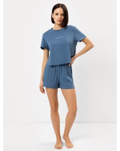 Комплект женский футболка шорты в сине сером цвете с минималистичным текстом Mark formelle