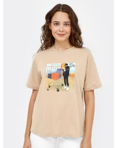 Хлопковая футболка песочного цвета с крупным принтом Mark formelle