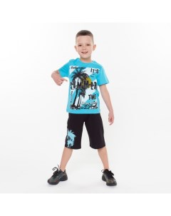 Комплект футболка шорты для мальчика цвет бирюзовый чёрный рост 104 Luneva