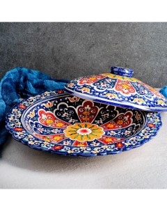 Блинница Риштанская Керамика Цветы 37 см синий Шафран
