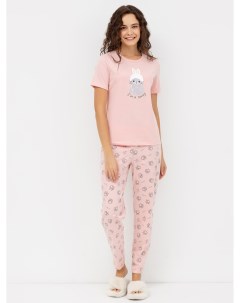 Хлопковый розовый комплект футболка и брюки с изображением зайца и лапок Mark formelle
