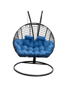 Подвесное кресло кокон Двойной Премиум Кольца чёрный с подушкой голубой Craftmebel
