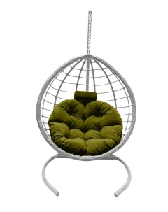 Подвесное кресло кокон Капля Сфера белый с подушкой зелёной Craftmebel