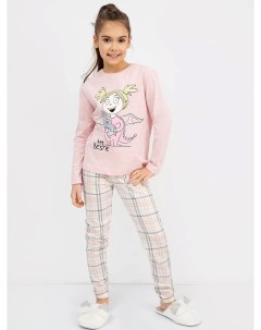Хлопковая пижама для девочек лонглсив и брюки в цвете розовый меланж с серо бежевой клеткой Mark formelle