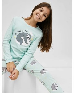 Хлопковый комплект лонгслив и брюки бирюзового цвета с ленивцами для девочек Mark formelle