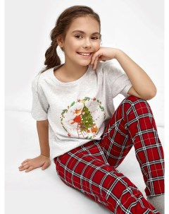 Комплект для девочек серая футболка и брюки в клетку с новогодним дизайном Mark formelle