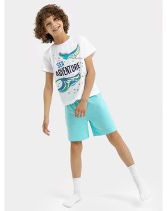 Комплект для мальчиков белая футболка бирюзовые шорты с принтом скатов и текстом Mark formelle