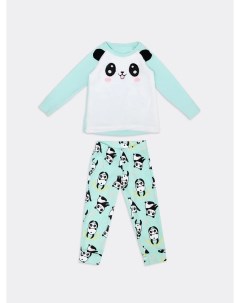 Пижама для девочек лонгслив и брюки в цвете ментол с изображением панды Mark formelle
