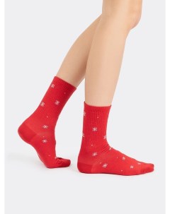 Высокие носки женские в оттенке темно красный с рисунком в виде снежинок Mark formelle