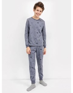 Хлопковая пижама для мальчиков лонгслив и брюки в расцветке глазки на сером Mark formelle
