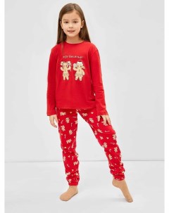 Хлопковый комплект для девочек красный лонгслив и красные брюки с принтом в виде печенек Mark formelle