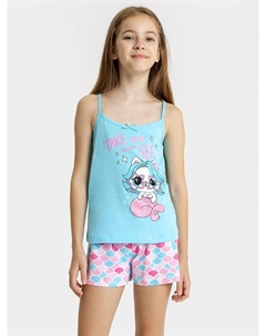 Комплект для девочек (топ, шорты) в голубом оттенке с принтом и бантиком Mark formelle