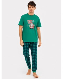 Комплект мужской новогодний футболка брюки зеленый в сине зеленую клетку Mark formelle