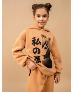 Теплое свободное худи песочного цвета с азиатским принтом для девочек Mark formelle