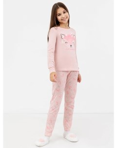 Хлопковый комплект лонгслив и брюки розового цвета с мордочкой лисы для девочек Mark formelle