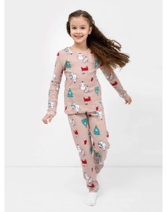 Хлопковая пижама для девочек лонглсив и брюки разноцветная с новогодними героями Mark formelle