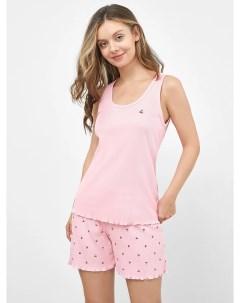 Хлопковый пижамный комплект майка и шорты розового цвета в вишенку Mark formelle