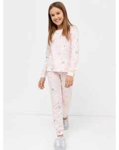 Хлопковая пижама для девочек лонгслив и брюки в расцветке единороги на розовом Mark formelle