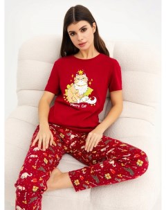 Комплект женский футболка брюки вишневый с принтом коты Mark formelle