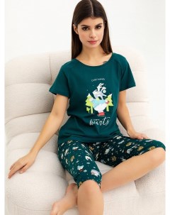 Комплект женский футболка бриджи зеленый с принтом зверята Mark formelle